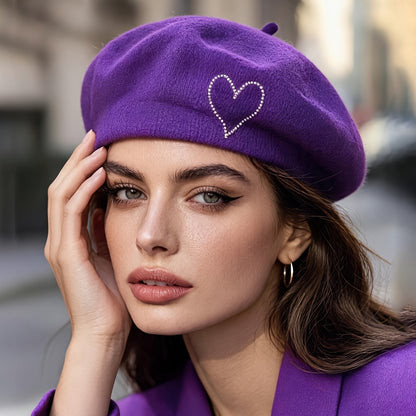 Women's Wool Beret Hat with Rhinestone Heart - Lightweight Warm