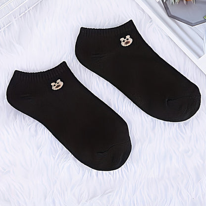 5 Pairs Women'S Cute Bear Animal Print Casual Breathable Sweat-Absorbent Low Cut Short Socks, 98% Polyester 2% Spandex, Knit Fabric, 290g/m² - Fashionable and Comfortable