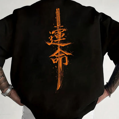 Men'S Japanese Samurai Sword Graphic T-Shirt - Casual Loose Fit Crew Neck, Short Sleeve Tee with Red Stylized Japanese Katanas Design, Breathable Polyester for Spring  Summer Outdoor Wear