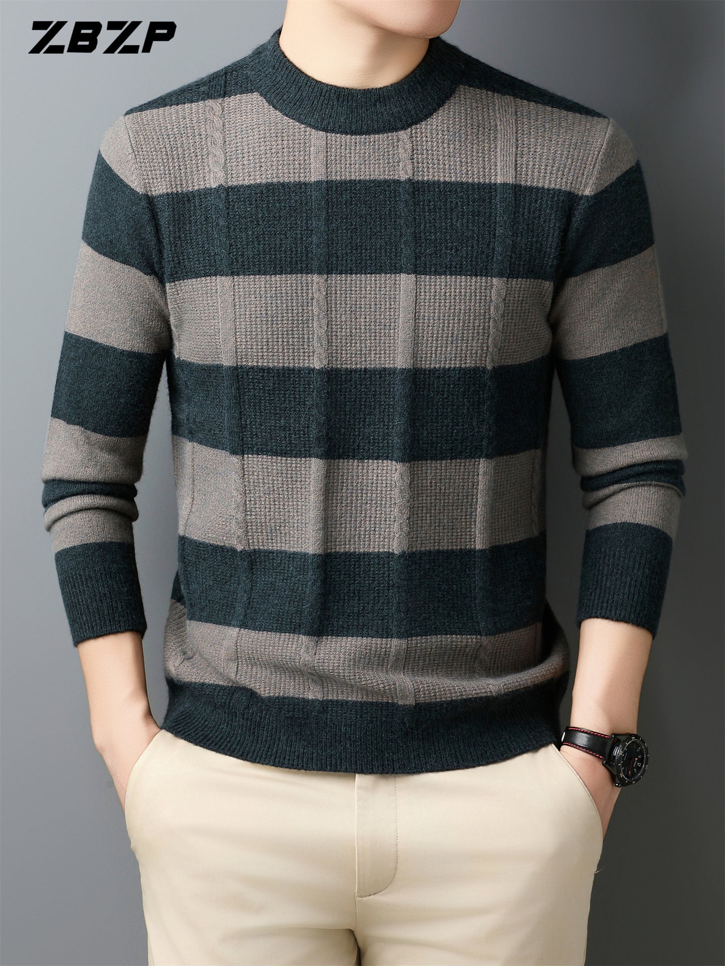 ZBZP Men'S Casual Striped Knit Sweater - Dark Gray & White Horizontal Stripes, Round Neck Long Sleeve, Regular Fit, Autumn Winter Warm Pullover for Casual Attire, Knit Sweater, Comfortable Fashion, Soft Texture, Cold Weather