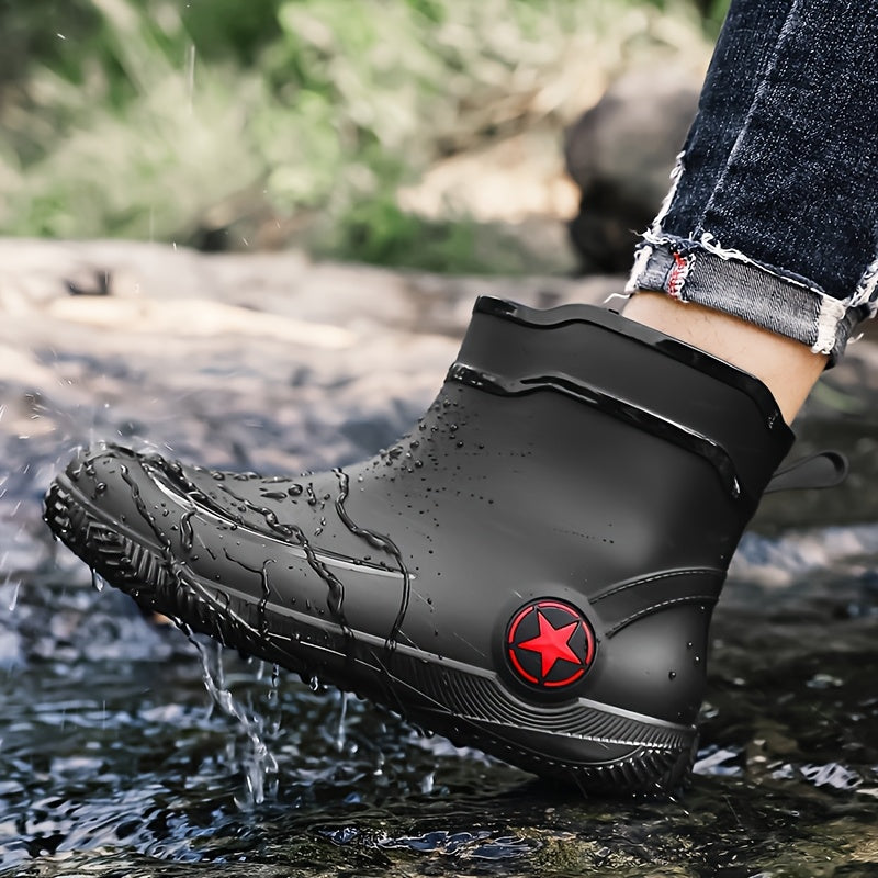 Men's Slip-On Rubber Rain Boots with Thick Sole - Mid-Calf