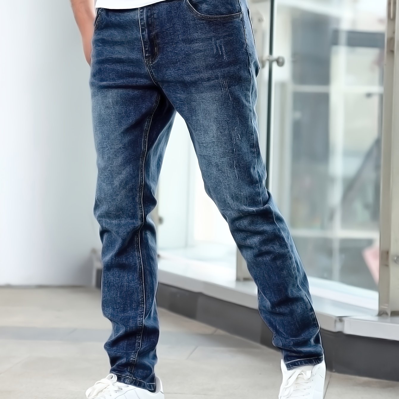 Men's Casual Medium Stretch Jeans, Classic Design Denim Pants