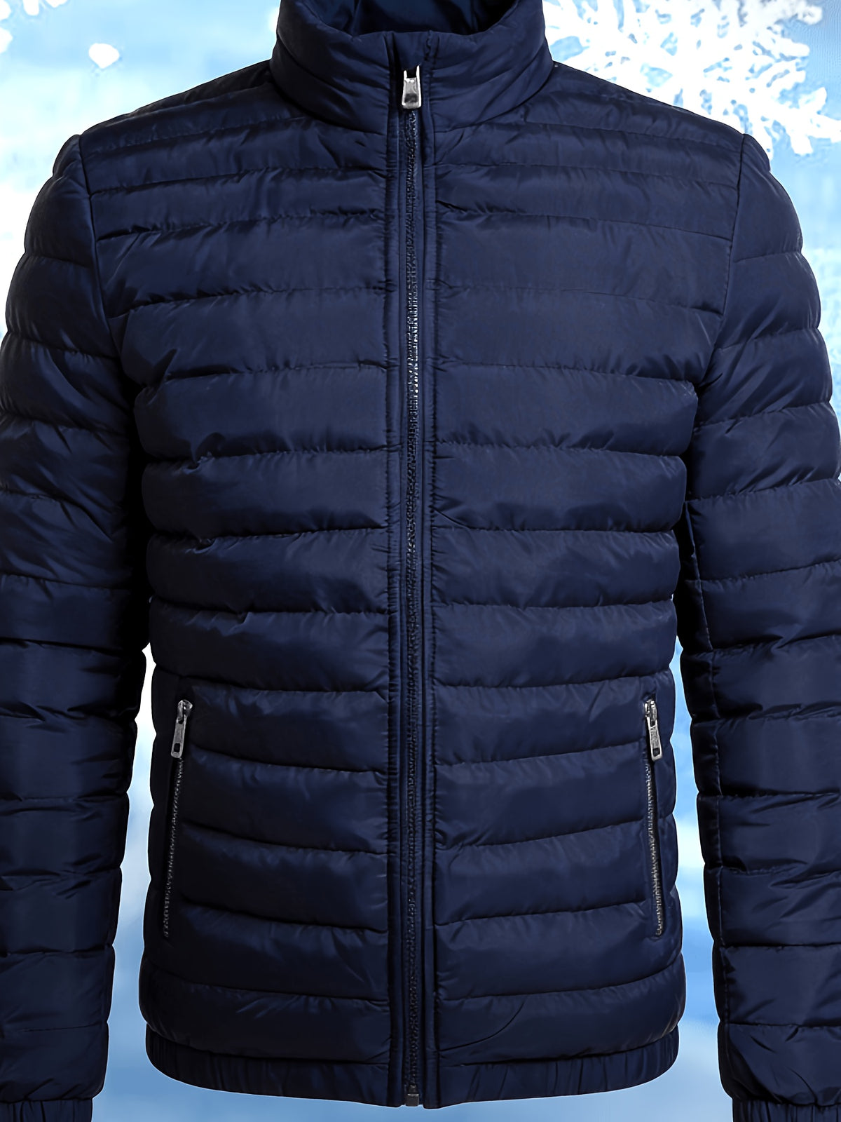 Men's Stand Collar Winter Jacket with Zipper and Fiber Filling