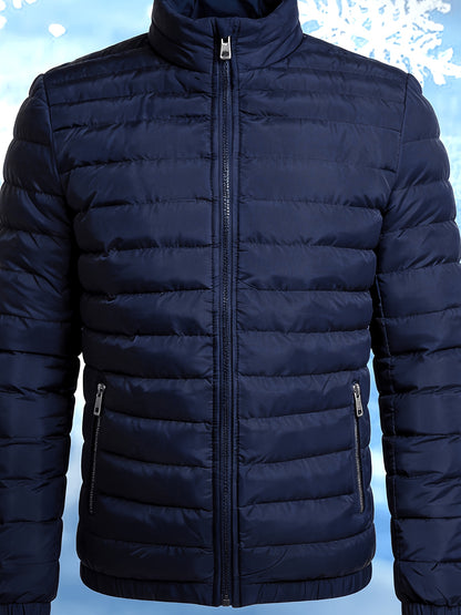 Men's Stand Collar Winter Jacket with Zipper and Fiber Filling