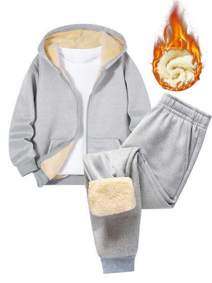 2 հատ տղաների համար նախատեսված բրդյա աստառով գլխարկով սվիտեր + առօրյա տաբատների հավաքածու, միագույն երկարաթև, կայծակաճարմանդով վերնաշապիկ՝ միջին ձգվողության տաք գործվածքից, աշուն/ձմեռ սեզոնի համար, իդեալական է