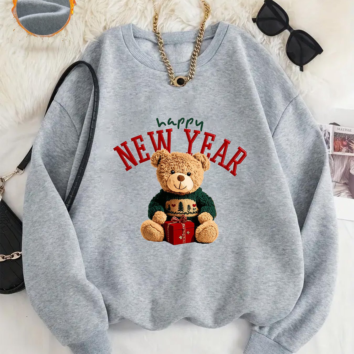 -Lined Women's Crewneck Pullover, Casual Printed Versatile Sweatshirt, Multiple Colors Available