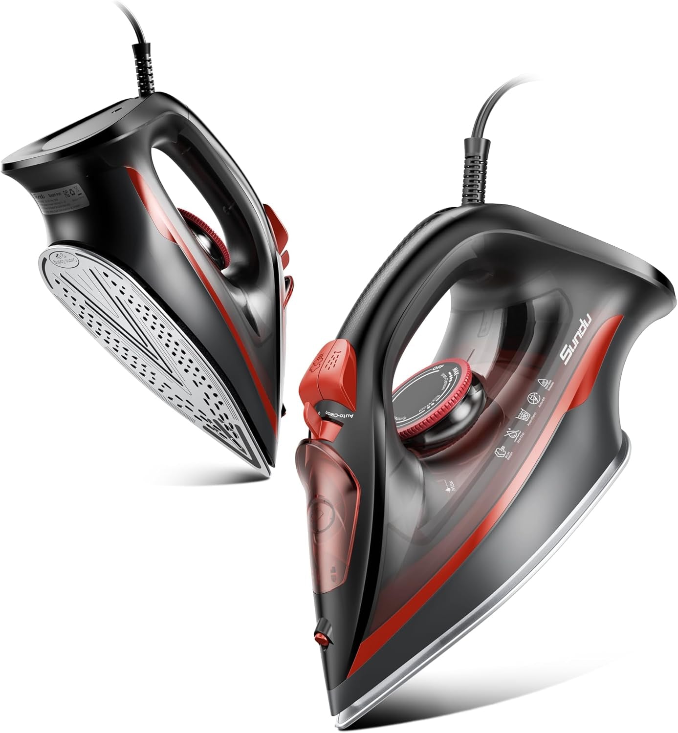 Sundu Steam Iron for Clothes with Rapid Heating Ceramic Coated Soleplate,1500W with Precise Thermostat Dial,Self-Cleaning, Auto-Off,11.84Oz Water Tank for Home Clothes Ironing Use,Red