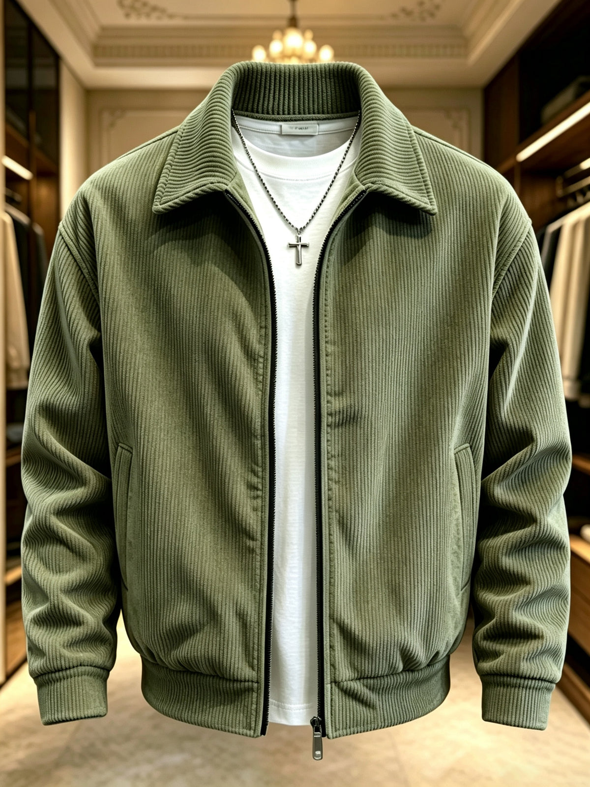 Men's Lightweight Fall Jacket with Lapel Collar and Zipper
