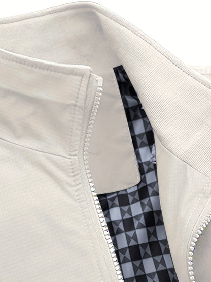 Men's Long Sleeve Zip Up Stand Collar Coat, Business Stand Collar Jacket With Zipper Pockets, Spring Autumn Men's Clothing