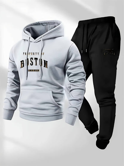 Men'S Boston Print Hoodie And Sweatpants Set - Casual Long Sleeve, Slight Stretch Fabric, Pockets, Suitable for Autumn And Winter, Sportswear, Casual Attire | Hoodie | Sport Pants with Pockets, Everyday Wear