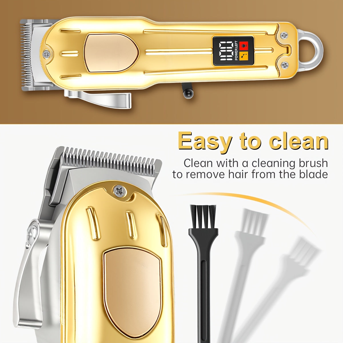 One Piece of a Golden Electric Hair Clipper for Men, Featuring a Professional-Grade Design with an Adjustable Serrated Blade, Four Comb Attachments of Varying Sizes, USB Charging Capability - ayq