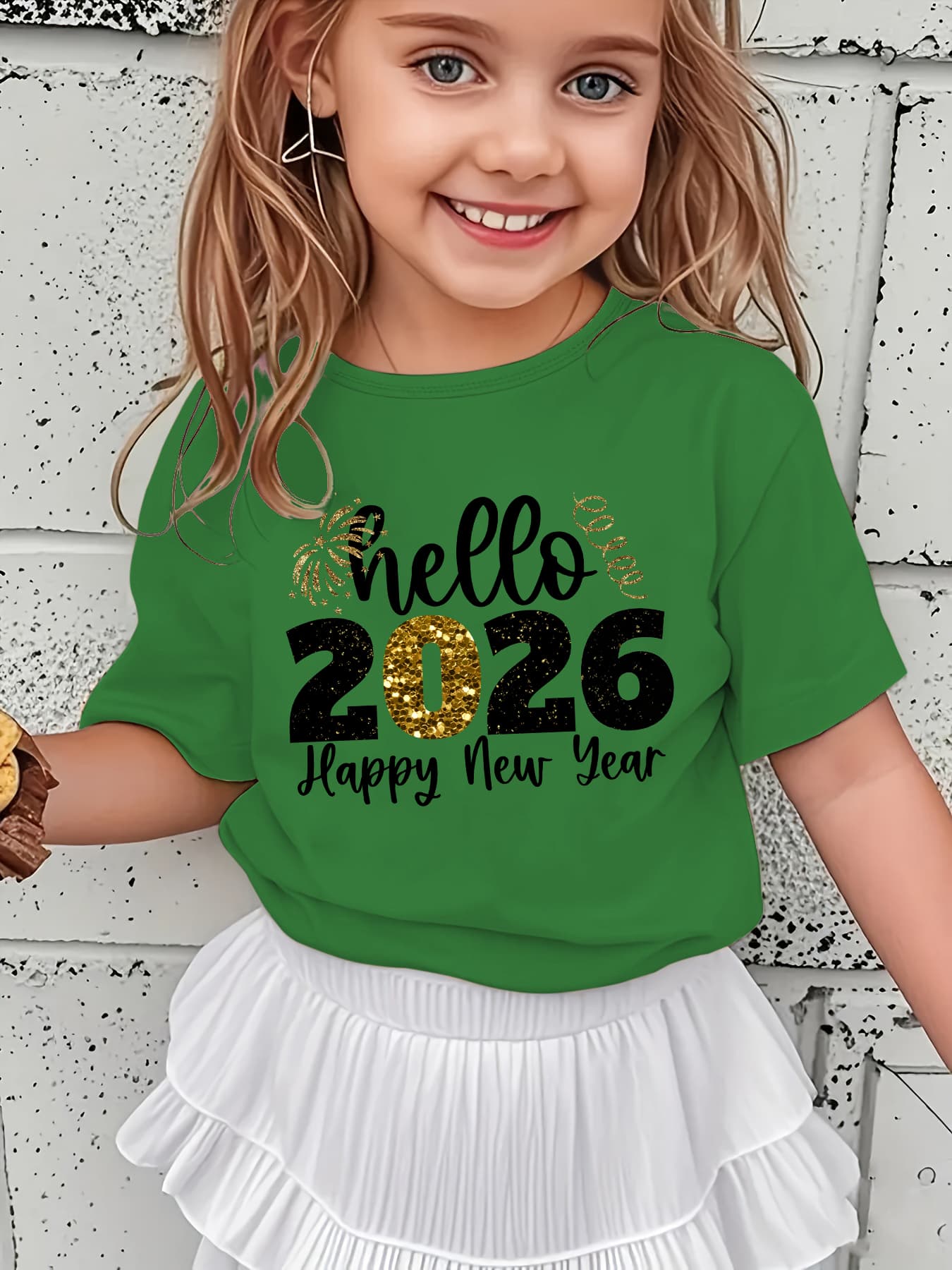 Girls' 2026 New Year T-Shirt - Hello 2026 Happy New Year Graphic Tee with Golden Number 2026, Heart, & Golden Lettering - Lightweight Summer Top for Birthday Party, Girls Clothes
