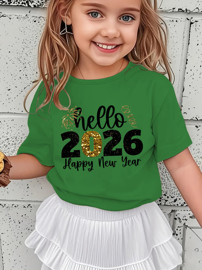Girls' 2026 New Year T-Shirt - Hello 2026 Happy New Year Graphic Tee with Golden Number 2026, Heart, & Golden Lettering - Lightweight Summer Top for Birthday Party, Girls Clothes
