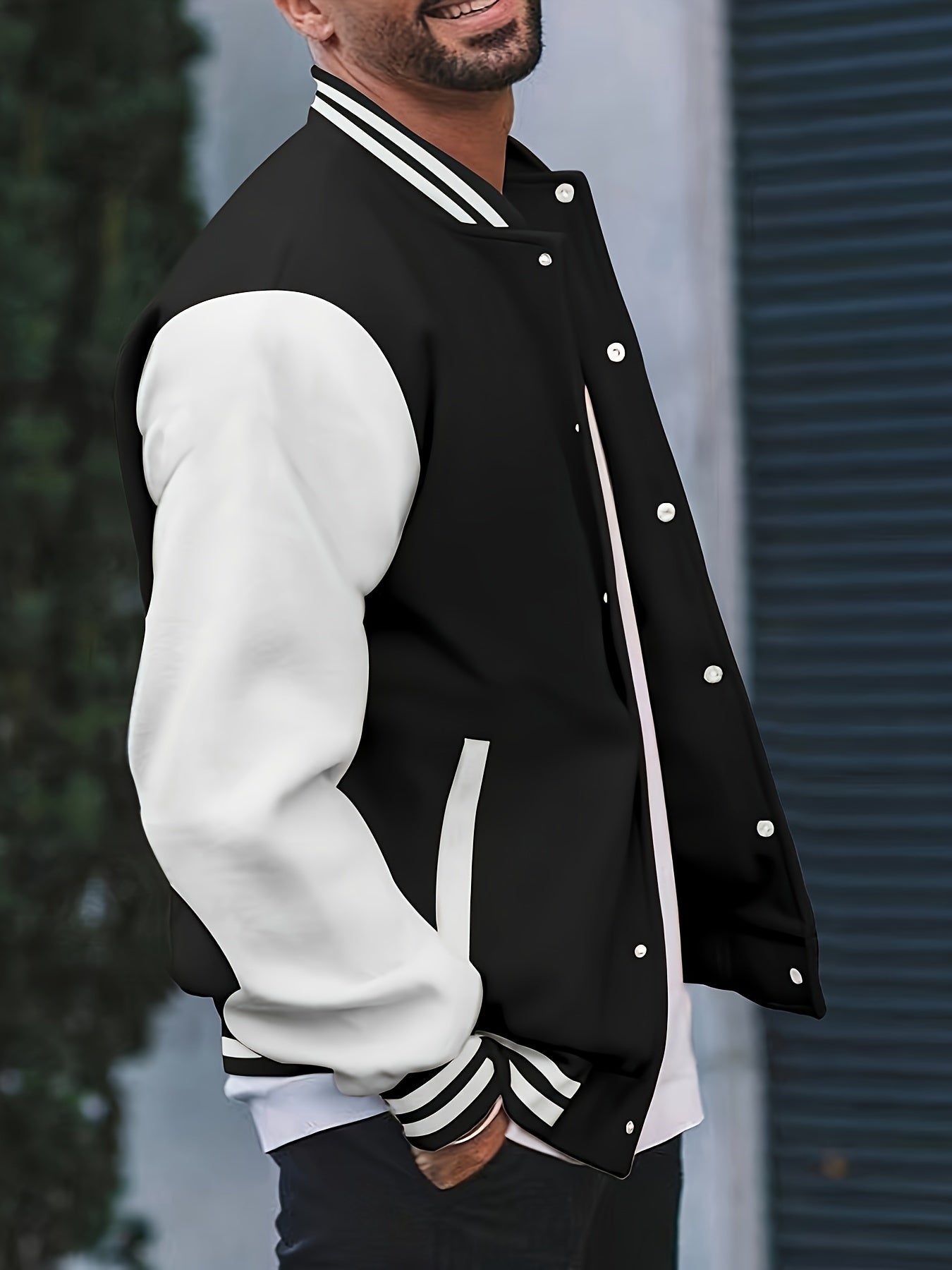 [Bold Design] Men's Stylish Black & White Varsity Jacket - Casual Baseball Coat with Pockets, Button-Up Front, Long Sleeve, Polyester Blend, Perfect for Fall & Winter, Casual Sportswear | Casual Fashion Jacket | Cotton Comfor