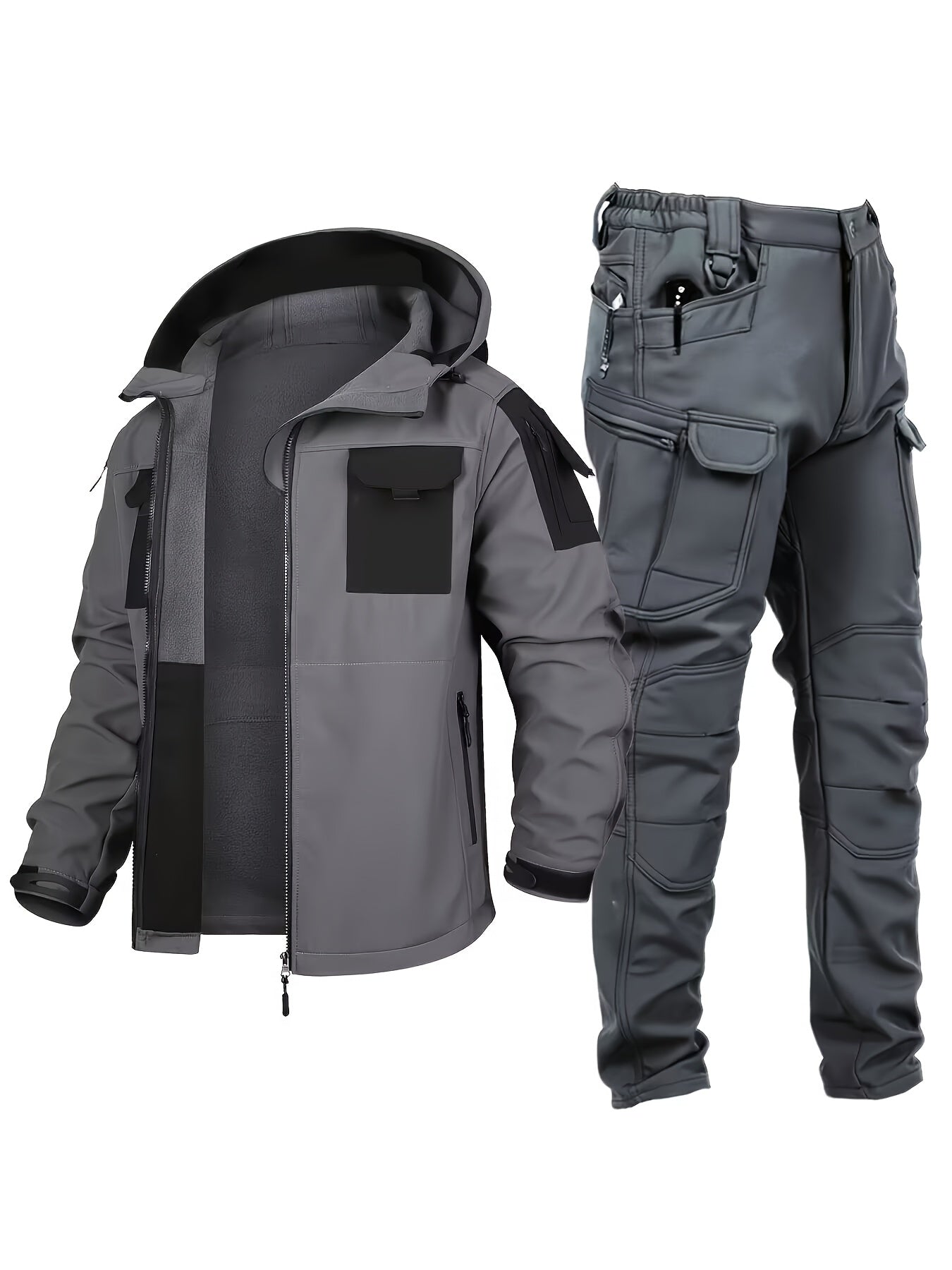 Men's Outdoor 2-Piece Hooded Fleece Jacket & Cargo Pants Set