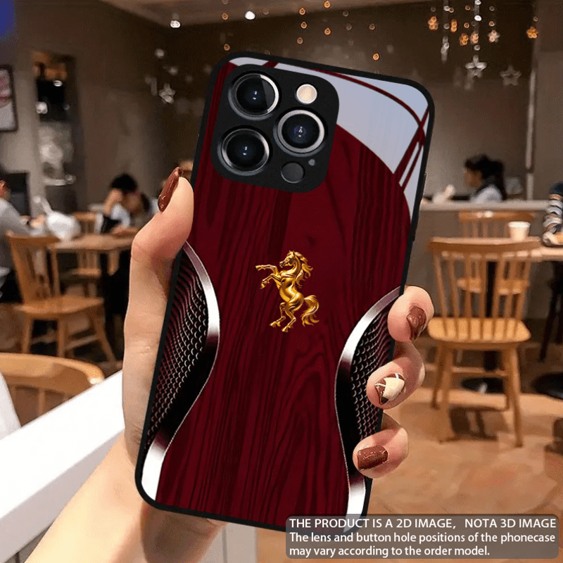 Tempered Glass Phone Case with Red Wood Grain & Golden Horse Design