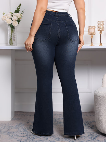Plus Size Flare Leg Plain Washed Casual ոճի կայծակաճարմանդ կոճակով փակվող ջինսե տաբատ, կանացի ջինսե ջինսեր և հագուստ