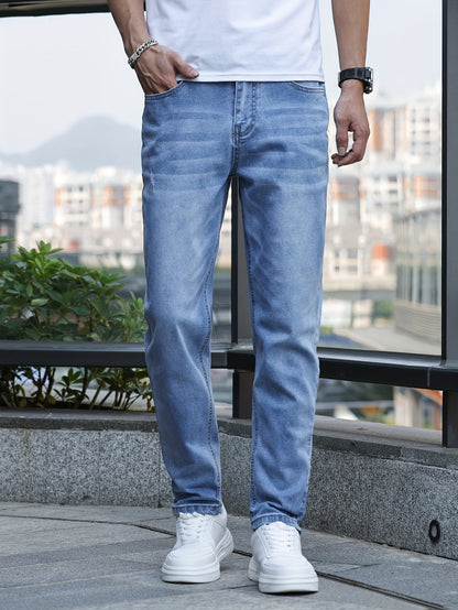 Men's Slim-Fit Stretch Denim Jeans - Casual Street Style, Mid-Rise, Light Blue, Comfortable & Versatile for All Seasons