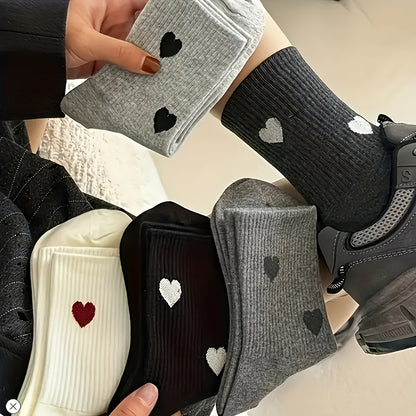 Women's 5 Pairs Mid-Calf Heart Pattern Socks, Soft Polyester