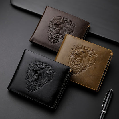 1pc Men's Lion 3D Embossed Pattern Wallet, Business PU Leather Wallet
