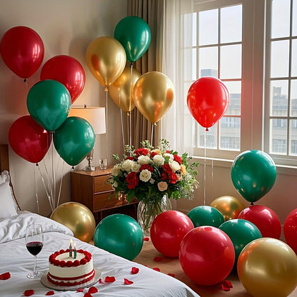 50pcs Red, Green, Golden Metal Balloon Set, 10-Inch Latex Balloons. Perfect for Birthday, Wedding, Thanksgiving, Christmas, New Year Decorations and Party Setup, Suitable For Winter Party Decorations, Anniversary Decorations,