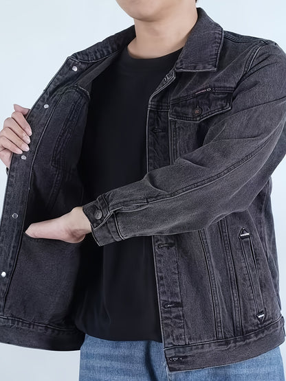 Men's Spring/Autumn Denim Jacket - Casual Chic Style, Black Blend with Red Accents, Button-Up with Flap Pockets, Long Sleeves, Ideal for Hiking & Casual Attire, Outdoor Apparel|Classic Denim Style|Durable Fabric