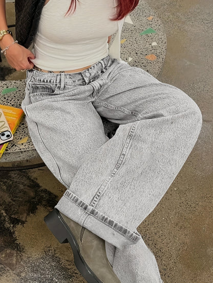Women'S Casual Mid-Waist Wide Leg Jeans, 76% 13% Viscose 11% Polyester, Non-Stretch Denim, Solid Color, Washed Finish, Long Length, Zipper Fly, All Seasons, Woven Fabric, 390g/m² - Trendy Retro Loose Fit