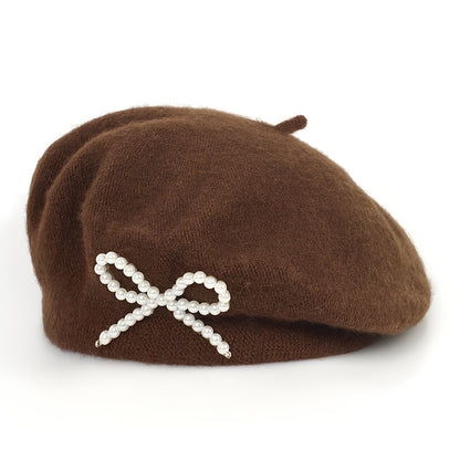 1pc Women's Wool Beret with Pearl Bow - Elegant, Breathable, and Stylish in Multiple Colors (Black, Brown, Gray, Beige, Purple, Pink) for Casual Attire