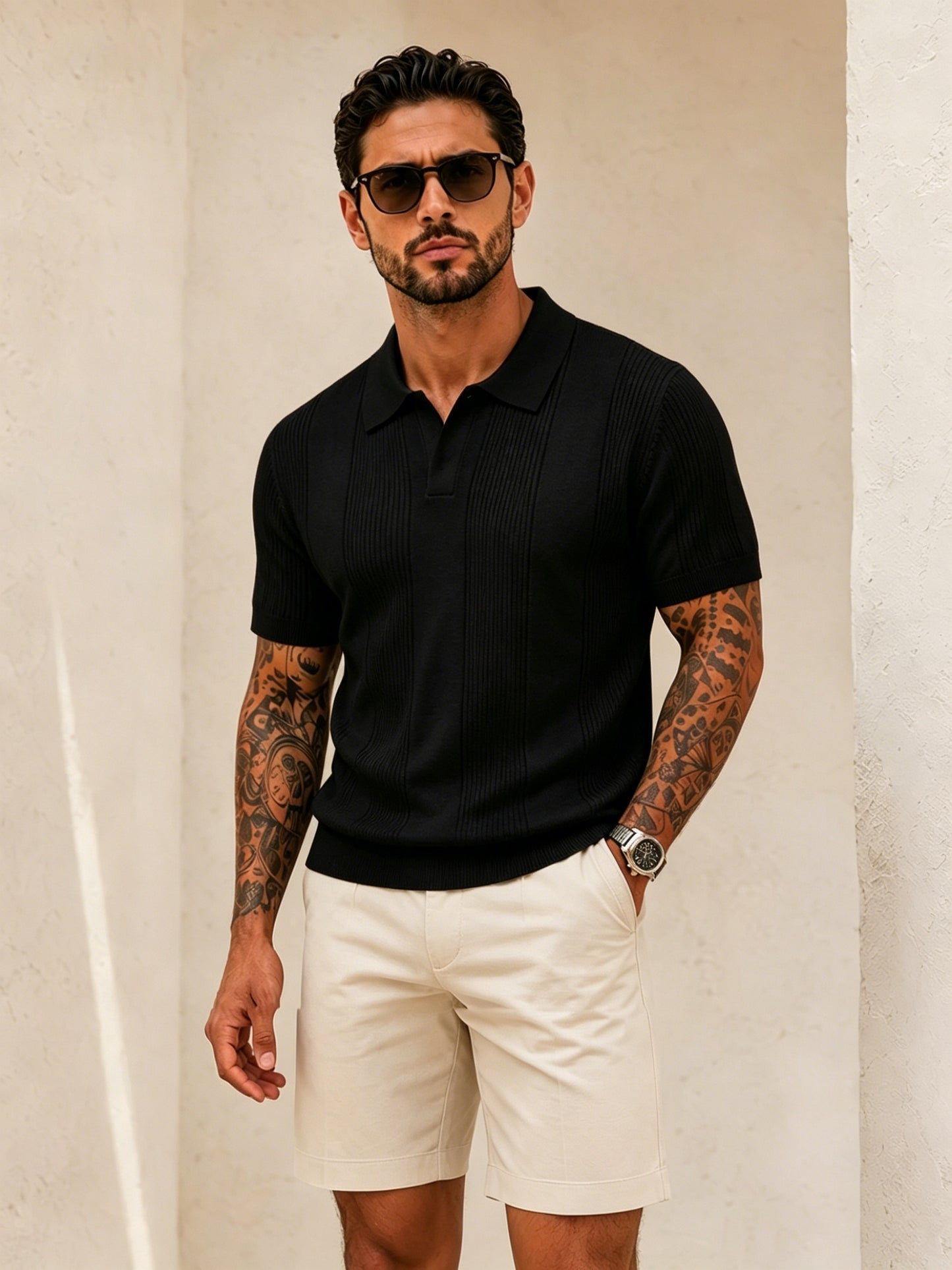 Men's Summer Knit Polo Shirt, Slim Fit Short Sleeve, Breathable