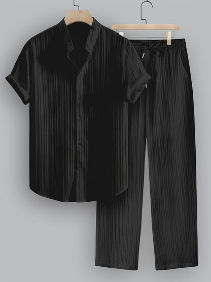 Men's Summer Casual Polyester Set with Stand Collar Shirt & Pants