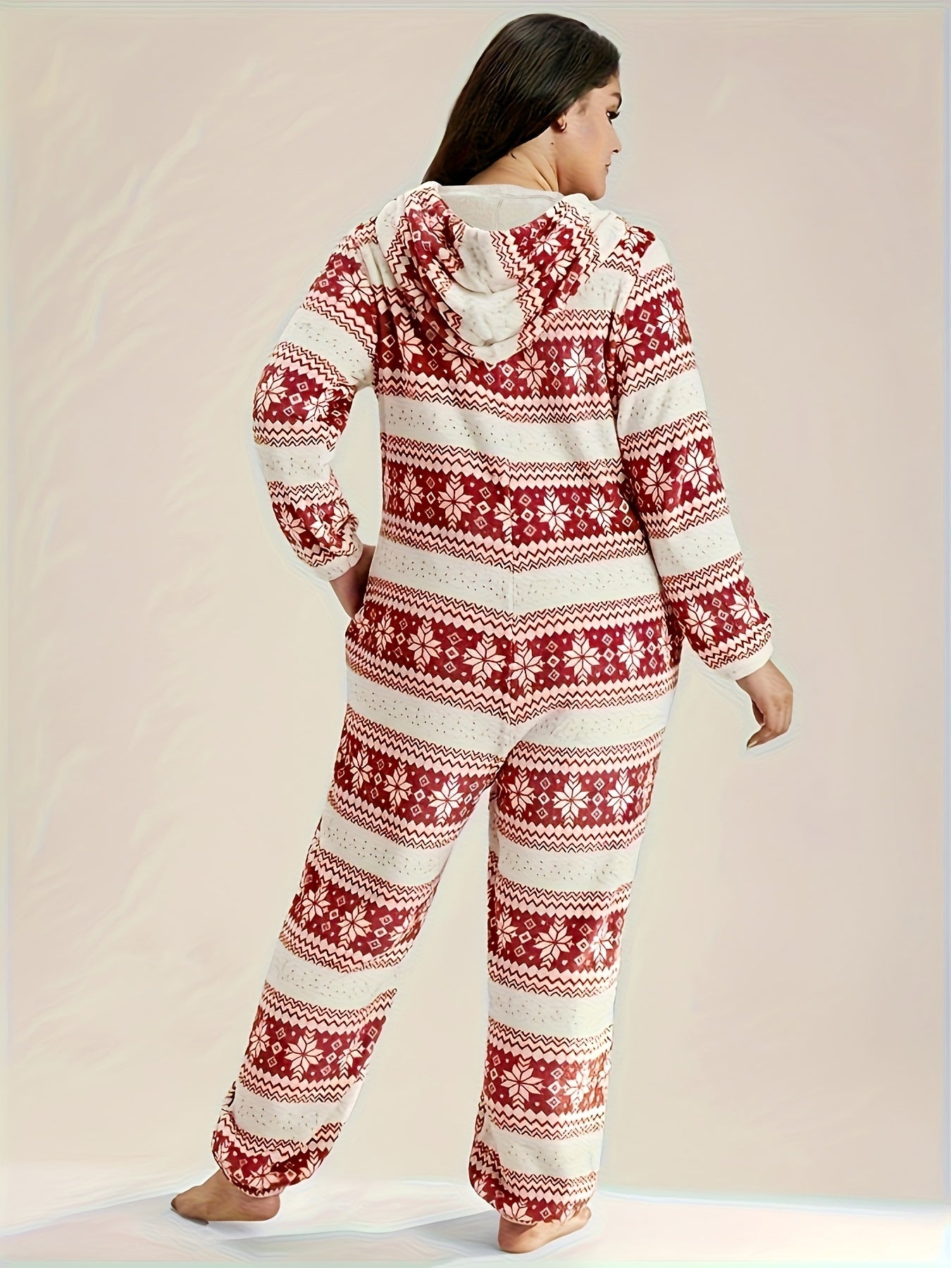 Women'S Cozy Red & White Geometric Print Jumpsuit - Casual Long Sleeve Romper with Drawstring Waist, Soft Stretchy Fabric, Perfect for Winter Lounging & Relaxing at Home, Comfortable Clothing | Relaxed Fit Jumpsuit | Medium E