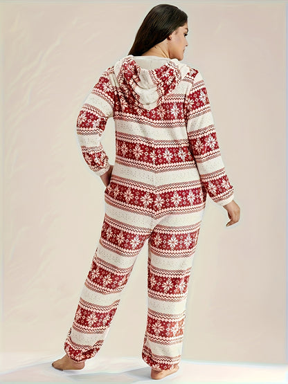 Women'S Cozy Red & White Geometric Print Jumpsuit - Casual Long Sleeve Romper with Drawstring Waist, Soft Stretchy Fabric, Perfect for Winter Lounging & Relaxing at Home, Comfortable Clothing | Relaxed Fit Jumpsuit | Medium E