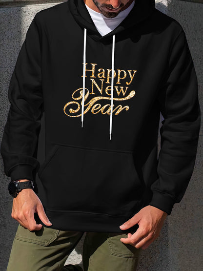 Men'S Golden Letter Print Hooded Sweatshirt - Happy New Year Lettering, Soft Knit Micro-Elastic Fabric, Loose Fit Casual Pullover Hoodie with Front Pocket, Streetwear Style, Unisex Apparel, Durable Material, Trendy Design, Ho