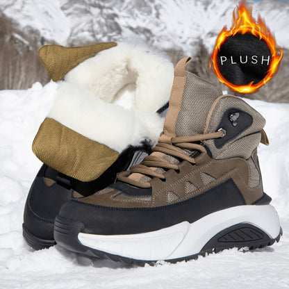 Men's Thermal Insulated Winter Boots with  Lining - PU/Fabric Upper, Zipper & Lace Closure, Cushioned Insole & Arch Support, Brown/Black/White/Beige - Low-Top Round Toe for Snow, Ice, and Casual Attire - Ideal for Skiing, Hik