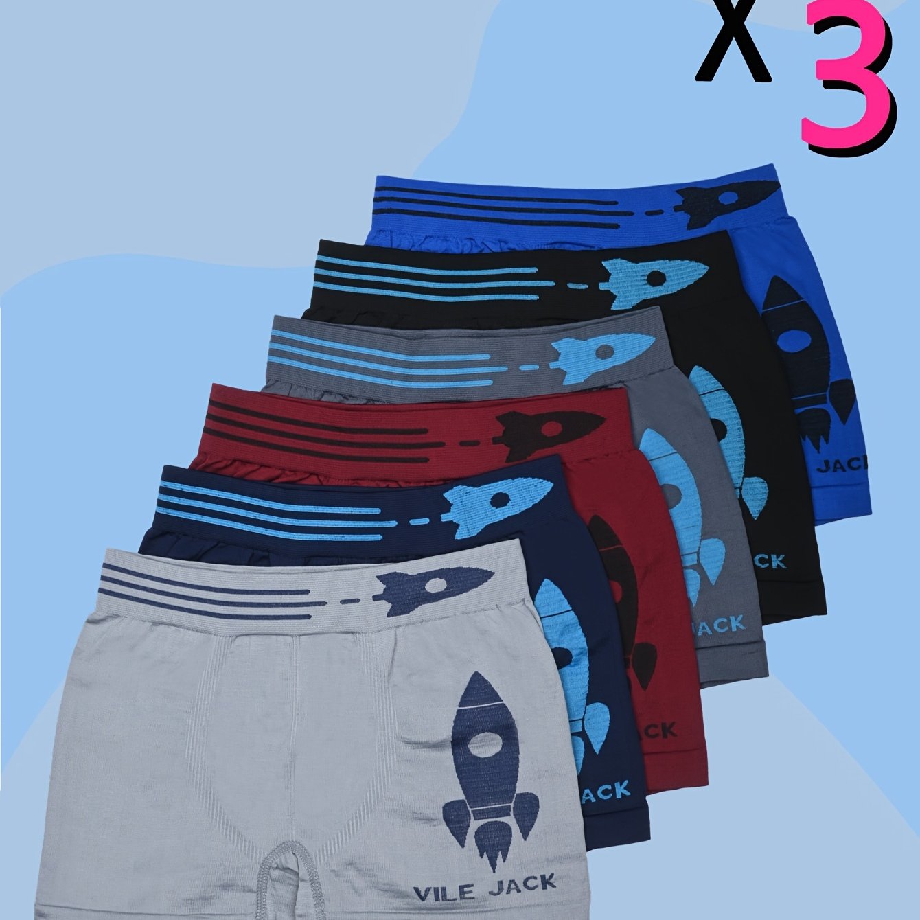 3 փաթեթ SIETE ROSA Boys' Cartoon Rocket Print Boxer Briefs, Polyester 90% Elastane 10%, Casual Knit Fabric, Medium Stretch, Regular Fit, All-Season Boxer 10-12 տարեկանների համար: