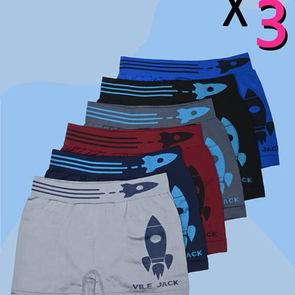 3 փաթեթ SIETE ROSA Boys' Cartoon Rocket Print Boxer Briefs, Polyester 90% Elastane 10%, Casual Knit Fabric, Medium Stretch, Regular Fit, All-Season Boxer 10-12 տարեկանների համար:
