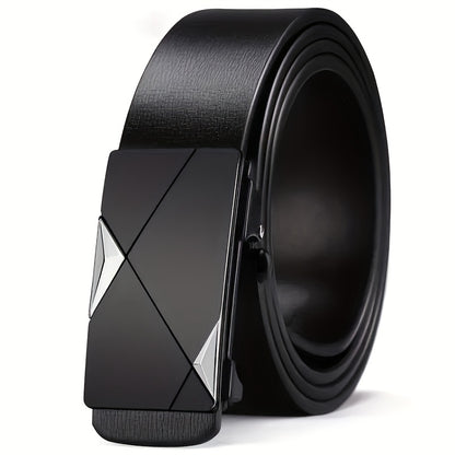 Men's Luxury Automatic Buckle Faux Leather Belt - Sleek Black with Golden Geometric Buckle, Business Casual Style, Adjustable Fit for Comfort, Business Casual Accessory | Sophisticated Belt Design | Sleek Black Finish