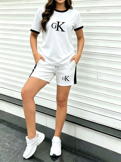 Casual Summer Two-Piece Set with Logo Print, Breathable Polyester