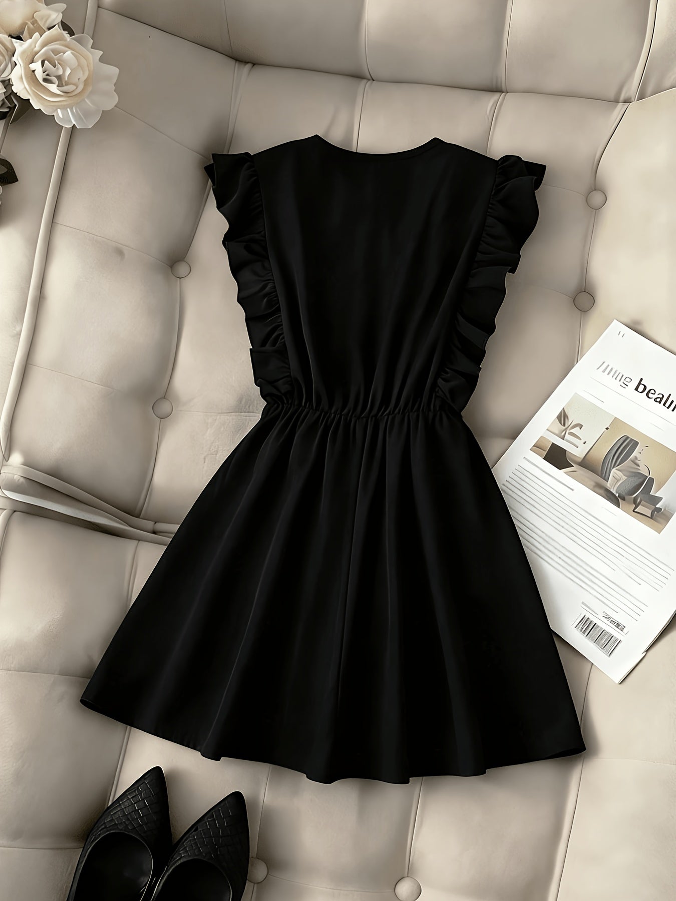 Vintage Waist-Cinching Solid Ruffle Mini Dress for Women