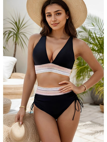 Women's High-Waisted Halter Neck Bikini Set with Lace-Up Detail