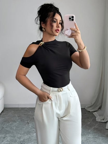 Elegant Women’s Short-Sleeve T-Shirt with Metal Buckle Collar - ayq