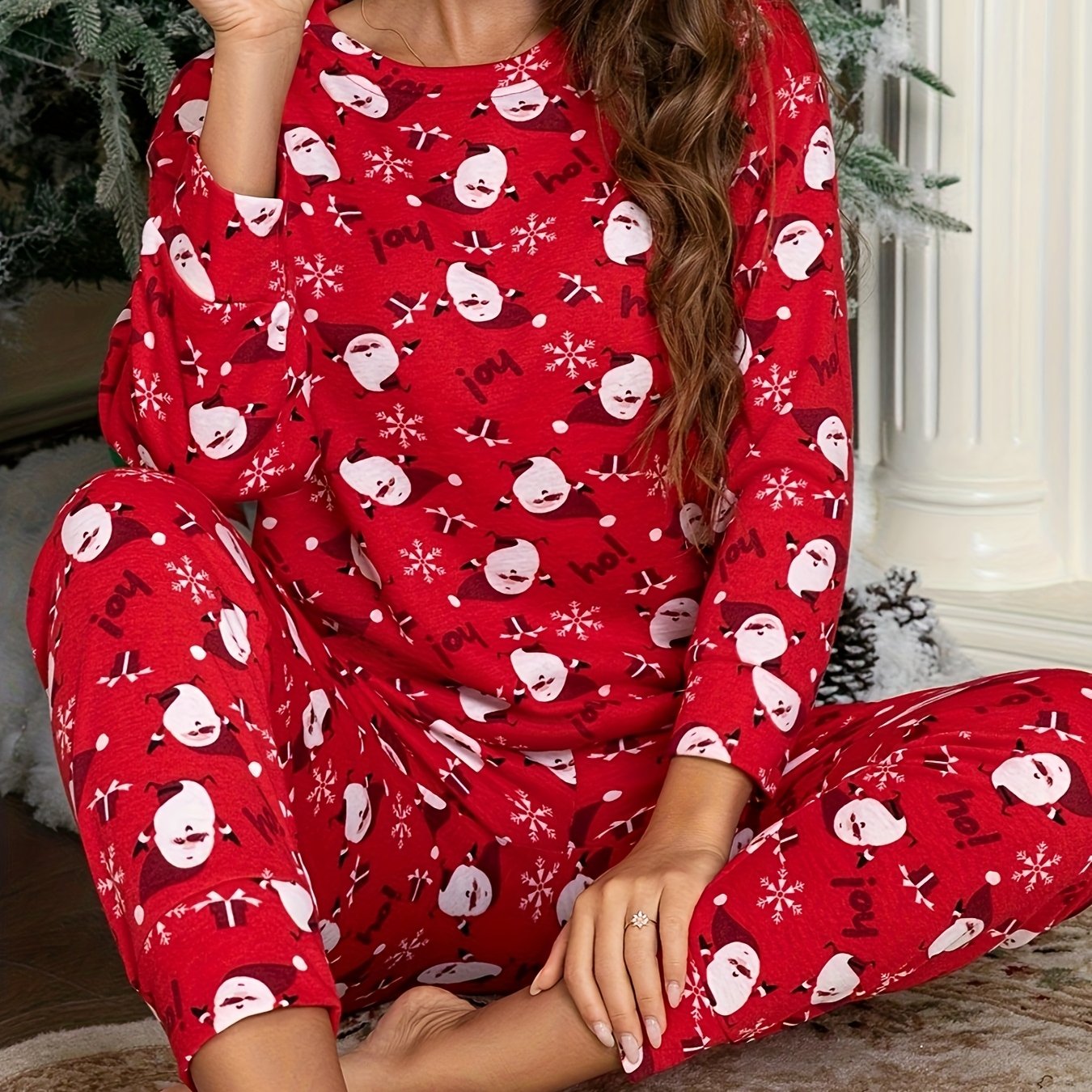 Մեծ չափսի աշուն-ձմեռ Ձմեռ պապի նախշերով պիժամայի հավաքածու, կանացի թվիդ ոճի տոնական երեկույթի համար նախատեսված հանգստի հագուստ