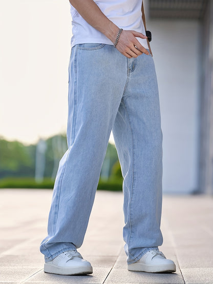 1pc Men'S Casual Washed Denim Jeans, Loose Fit Straight Leg, Solid Color, Non-Stretch Fabric, All-Season Woven Pants - Regular Length