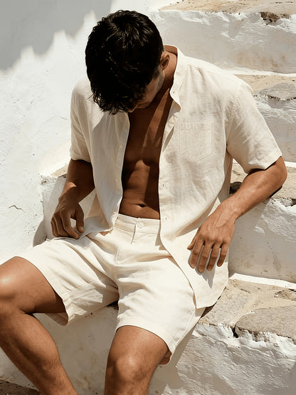 Men's Linen Short-Sleeve Shirt and Shorts Set for Summer Casual