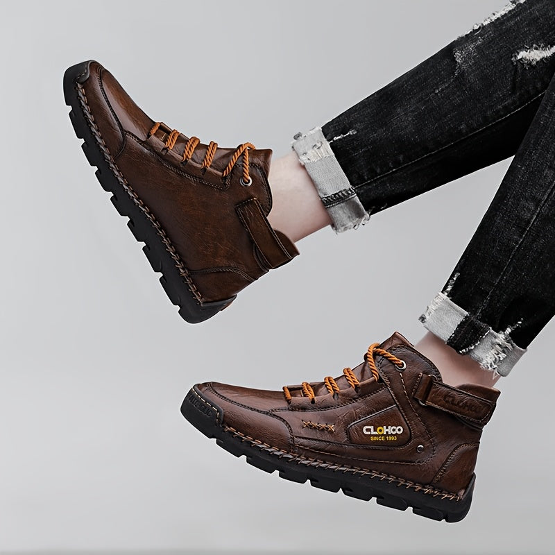 Men's Casual High-Top Ankle Boots with Buckle and Lace-Up