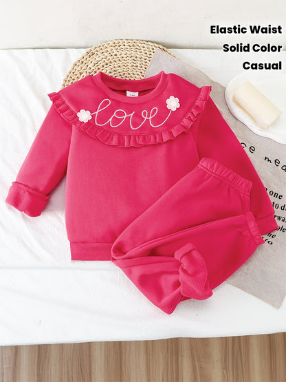 2pcs Soft Comfortable Girls' Outfit, New Year Christmas Valentine'S Day Set with Solid Color Long Sleeve Top + Elastic Waist Pants, LOVE Letter Embroidery Pattern, for Outdoor, Party, Birthday, Casual Wear, Party Attire, Eleg