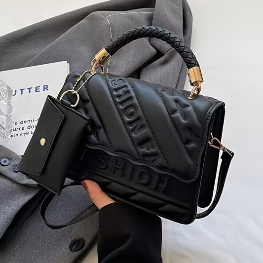 1pc Trendy Quilted Handbag with Adjustable Strap, Magnetic Flap Closure, and Card Holder - Stylish Black Crossbody Shoulder Purse for Women with Metallic Golden-Tone Hardware, Braided Handle, and Mini Coin Pouch, Crossbody Pu