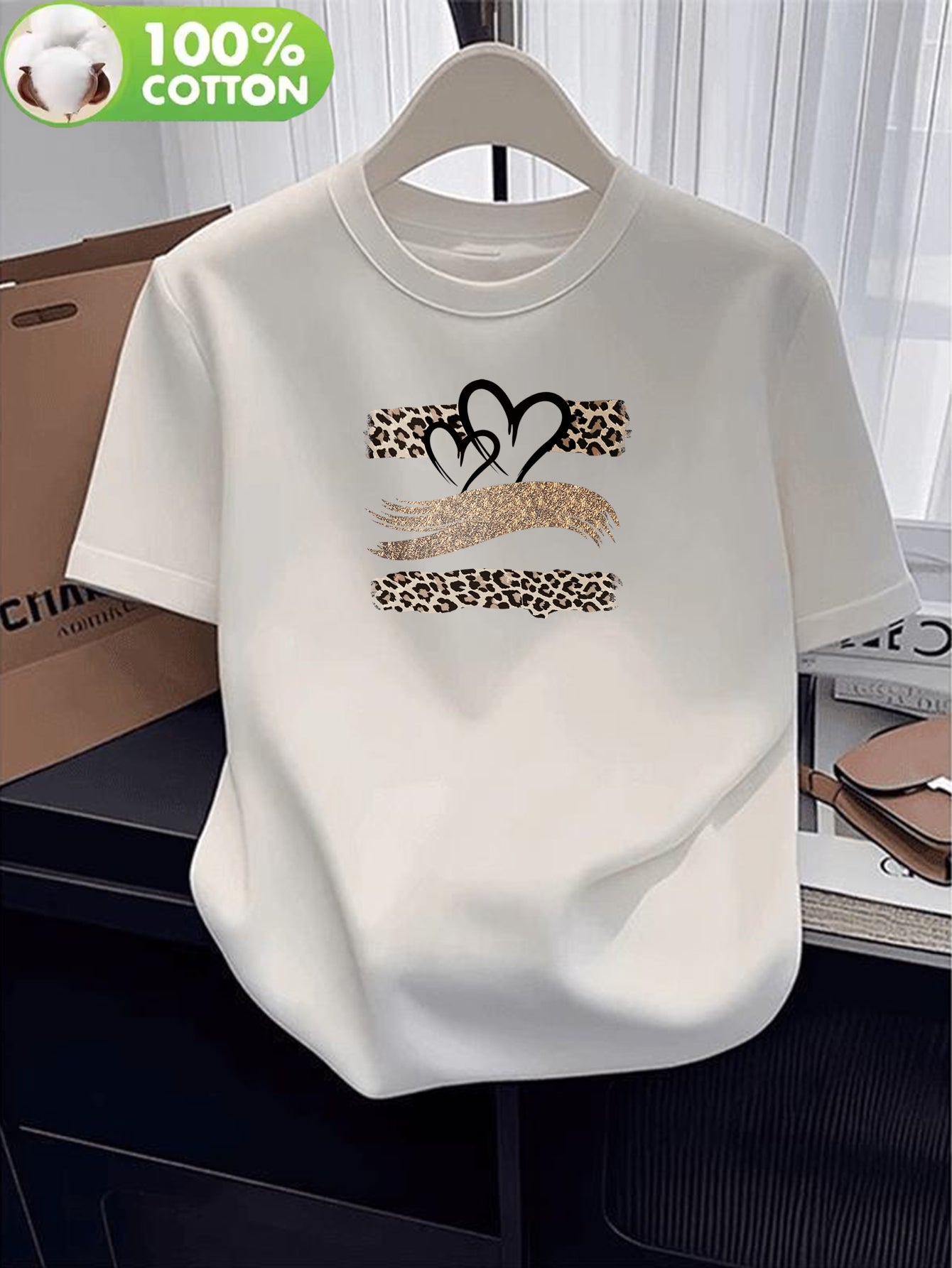Women's Cotton Short Sleeve T-Shirt with Heart Leopard Print
