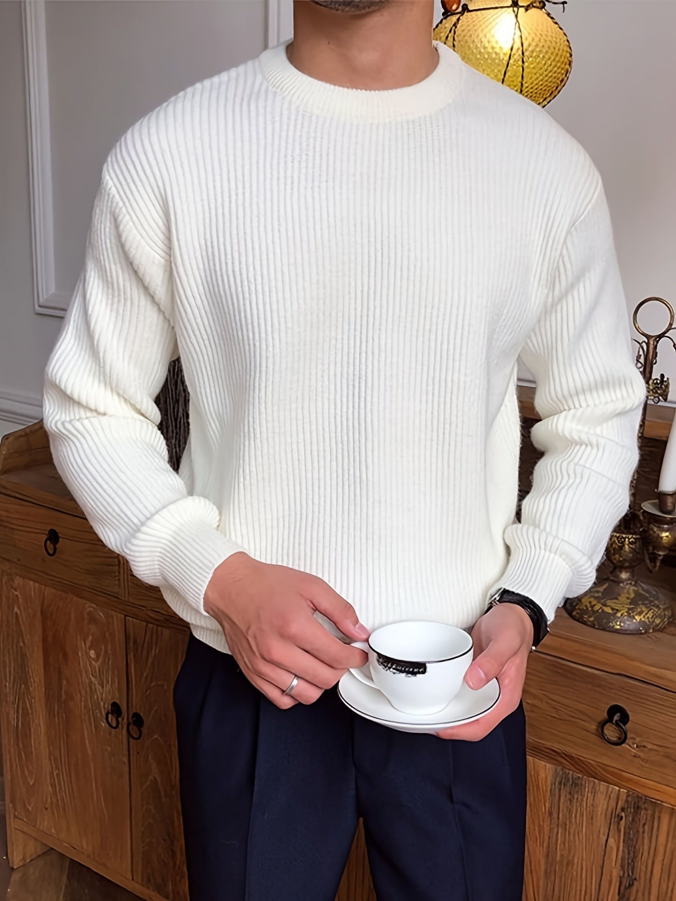 Բաց գույնի, հասուն ոճի աշուն/ձմեռ, հիմնական, տղամարդկանց համար, երկար թևքերով, առօրյա, բրիտանական, կլոր վզնոցով, տրիկոտաժե, բարձր օձիքավոր վերնաշապիկով