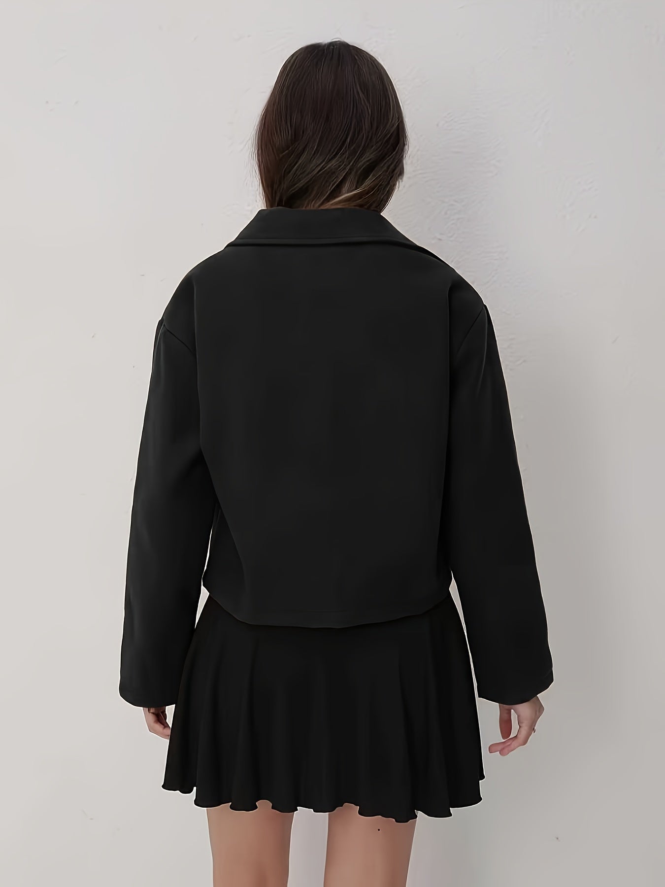 Women'S Solid Color Long Sleeve Zip-Up Jacket - Black, Casual Fall/Winter Outerwear with Pockets, Button-Up Front, and Flap Pockets, Casual Outerwear | Buttonup Jacket | Zippered Jacket, Winter Coat Women, Coat Women Winter,